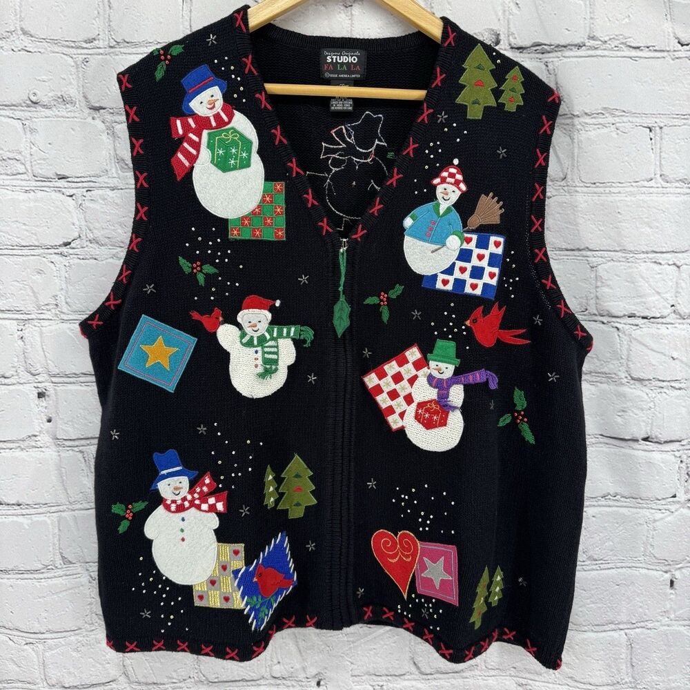 Vintage Designers Originals Studio Christmas Sweater Vest 2X Plus Zip Black